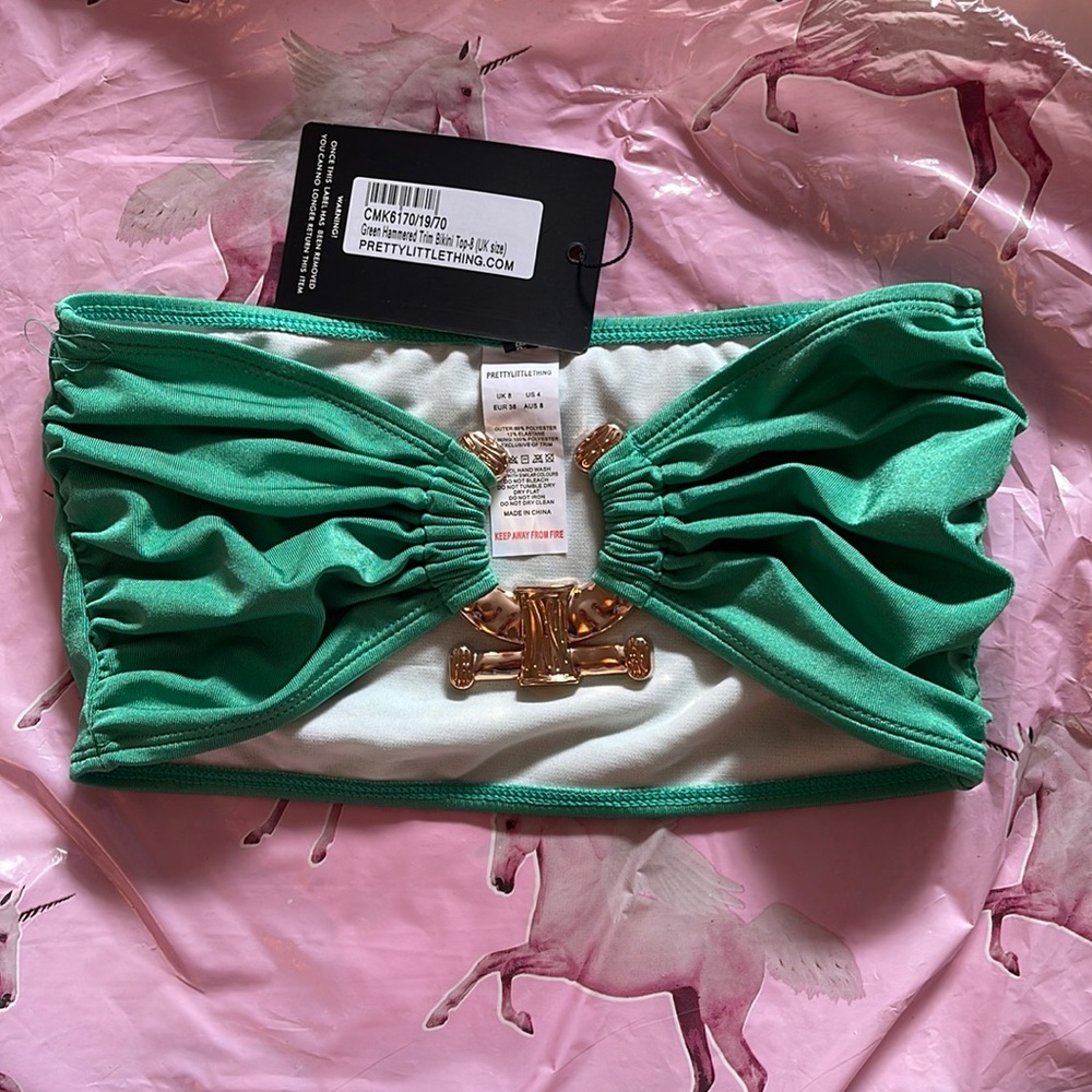 Pretty Little Thing green hammered swimsuit top.